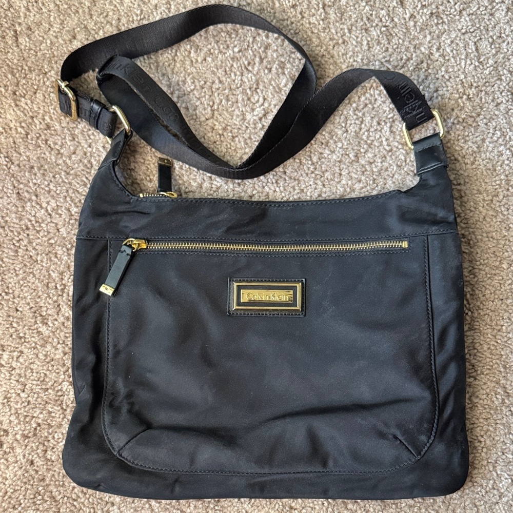 Calvin Klein Black Nylon Messenger Bag with Gold Accents